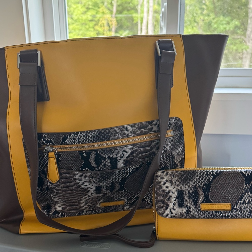 Vera Bradley Tote & Wallet Set – Yellow/Brown with Snakeskin Accents